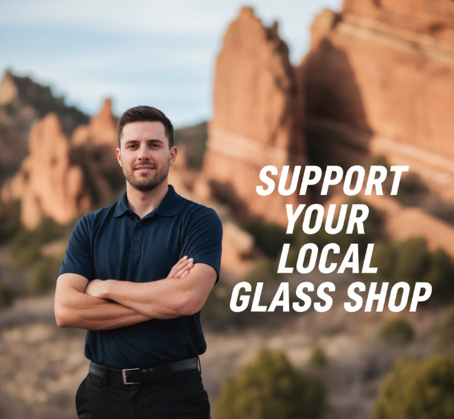 Male auto glass technician standing confidently at Garden of the Gods with arms crossed, wearing a dark navy polo and black work pants, with bold text reading ‘Support Your Local Glass Shop’.